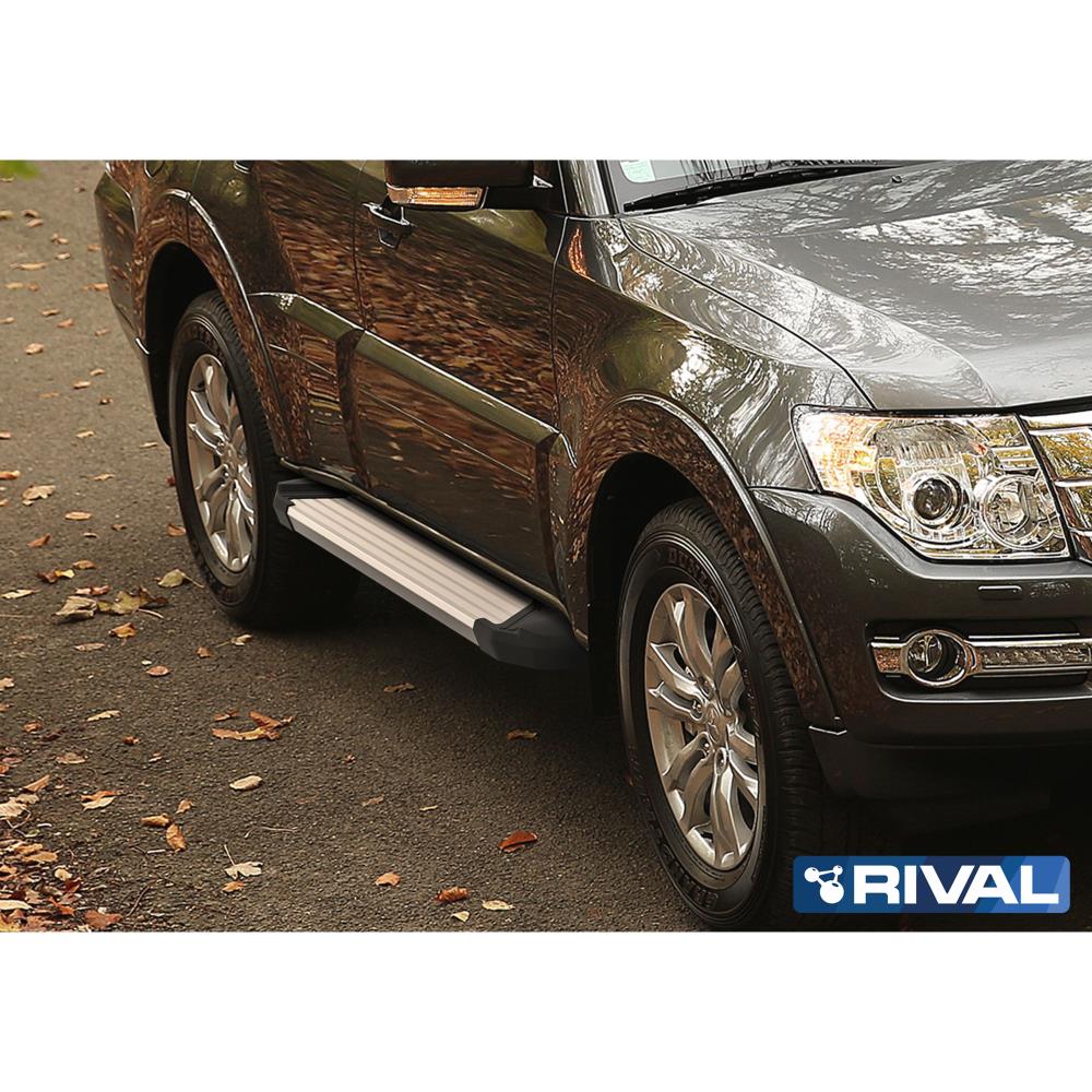 Порог-площадка "Silver" F173AL + комплект крепежа, RIVAL, Mitsubishi Pajero IV 2006-2011-2014-