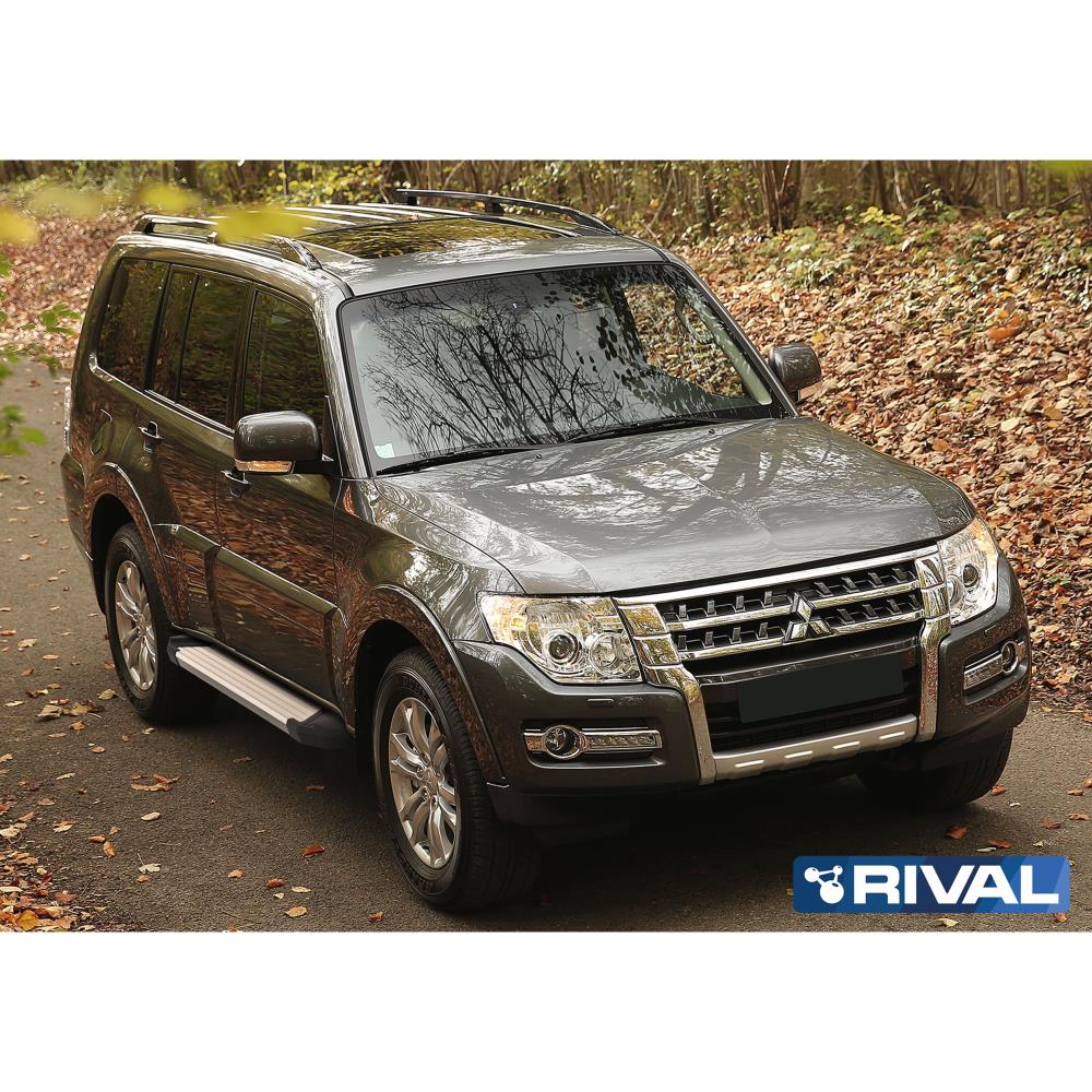 Порог-площадка "Silver" F173AL + комплект крепежа, RIVAL, Mitsubishi Pajero IV 2006-2011-2014-